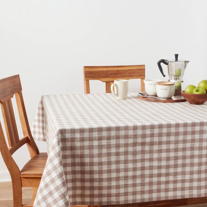 slide 2 of 3, 60" x 84" Cotton Gingham Tablecloth Taupe - Threshold™: Traditional Rectangle, Machine Washable, OEKO-TEX Certified, 1 ct