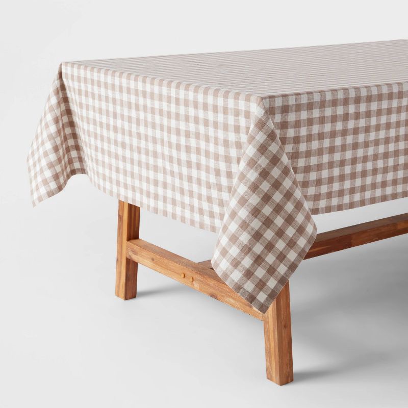 slide 1 of 3, 60" x 84" Cotton Gingham Tablecloth Taupe - Threshold™: Traditional Rectangle, Machine Washable, OEKO-TEX Certified, 1 ct