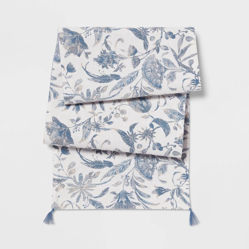 slide 1 of 3, 108" x 14" Cotton Floral Table Runner Blue - Threshold™, 1 ct