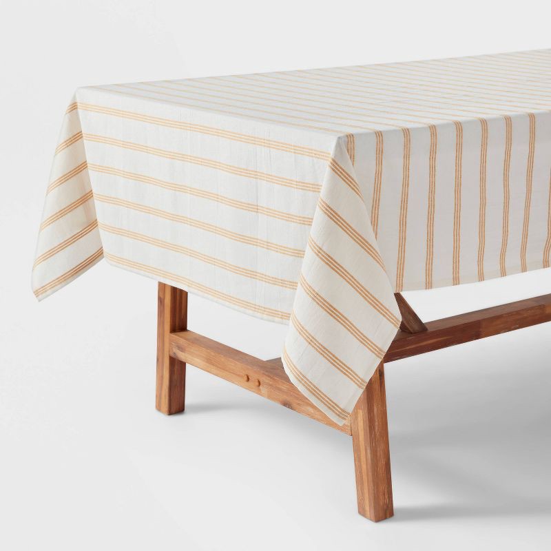slide 1 of 3, 60" x 84" Cotton Striped Tablecloth Yellow - Threshold™: Traditional Rectangle, Machine Washable, OEKO-TEX Certified, 1 ct