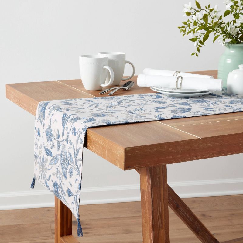 slide 2 of 3, 72" x 14" Cotton Floral Table Runner Blue - Threshold™: Traditional Botanical Summer Decor, Machine Washable, 1 ct