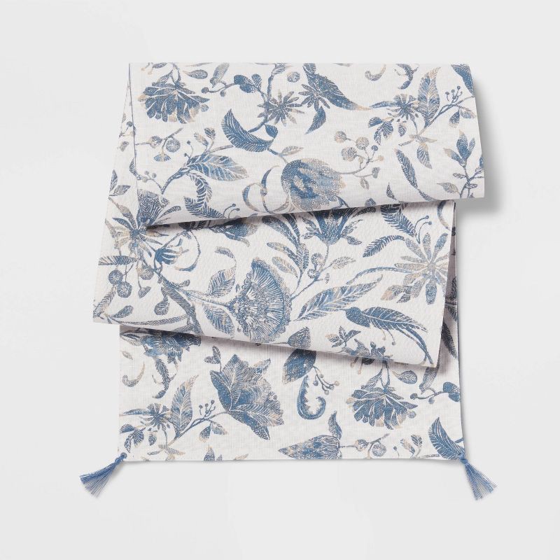 slide 1 of 3, 72" x 14" Cotton Floral Table Runner Blue - Threshold™: Traditional Botanical Summer Decor, Machine Washable, 1 ct