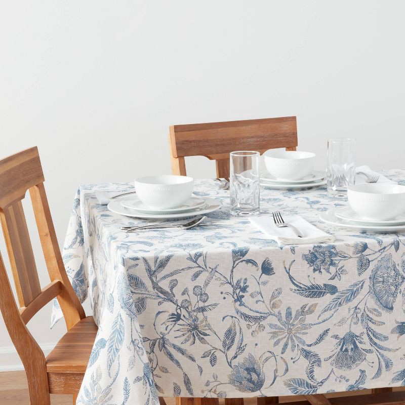 slide 2 of 3, 84" x 60" Cotton Floral Tablecloth Blue - Threshold™: Rectangle, Traditional, Botanical, Summer, OEKO-TEX Certified, 1 ct
