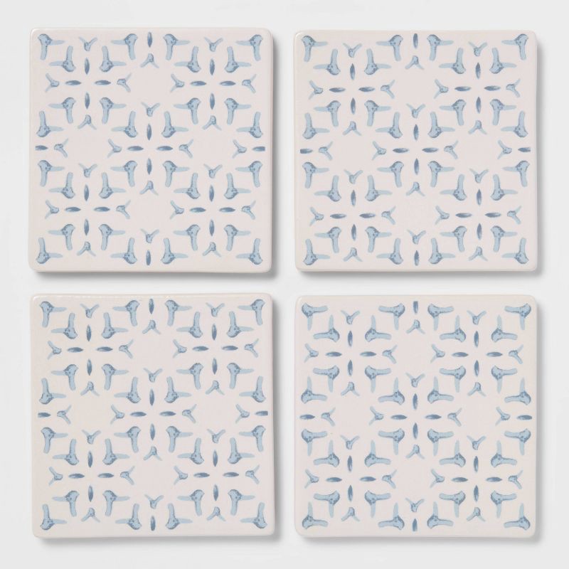 slide 3 of 3, 4pk Stoneware Stamp Coasters Light Blue - Threshold™: Traditional Drink Coasters, Hand Wash, 4" Square, Set of 4, 4 ct