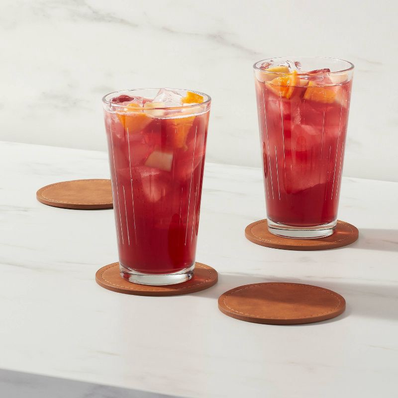 slide 2 of 3, 4pk Faux Leather Coasters - Threshold™: Brown Polyethylene Cup & Table Drink Coasters, Traditional Style, 4"x4", 4 ct