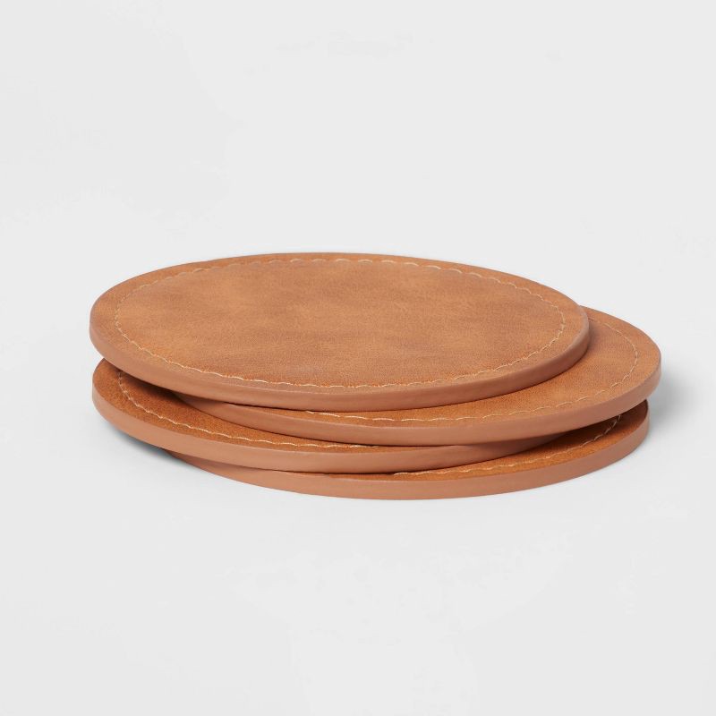 slide 1 of 3, 4pk Faux Leather Coasters - Threshold™: Brown Polyethylene Cup & Table Drink Coasters, Traditional Style, 4"x4", 4 ct