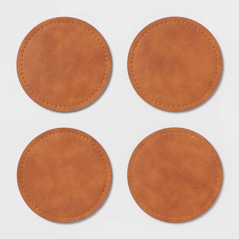 slide 3 of 3, 4pk Faux Leather Coasters - Threshold™: Brown Polyethylene Cup & Table Drink Coasters, Traditional Style, 4"x4", 4 ct