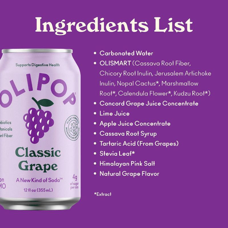 slide 8 of 10, OLIPOP Classic Grape Prebiotic Soda - 12 fl oz Can, 12 fl oz