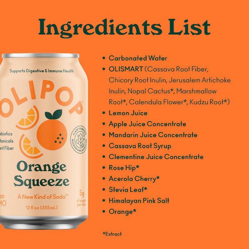 slide 6 of 7, OLIPOP Orange Squeeze Prebiotic Soda - 12 fl oz Can, 12 fl oz