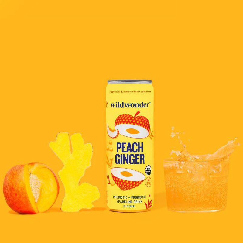 slide 2 of 5, wildwonder Peach Ginger Organic Prebiotic + Probiotic Sparkling Drink - 12 fl oz Can, 12 fl oz