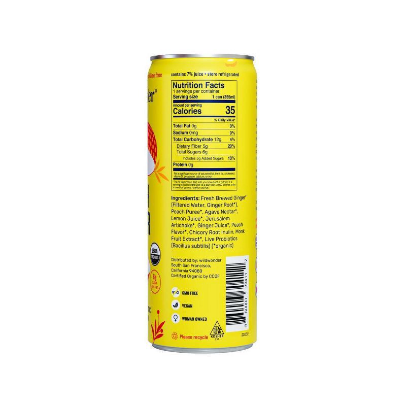 slide 3 of 5, wildwonder Peach Ginger Organic Prebiotic + Probiotic Sparkling Drink - 12 fl oz Can, 12 fl oz