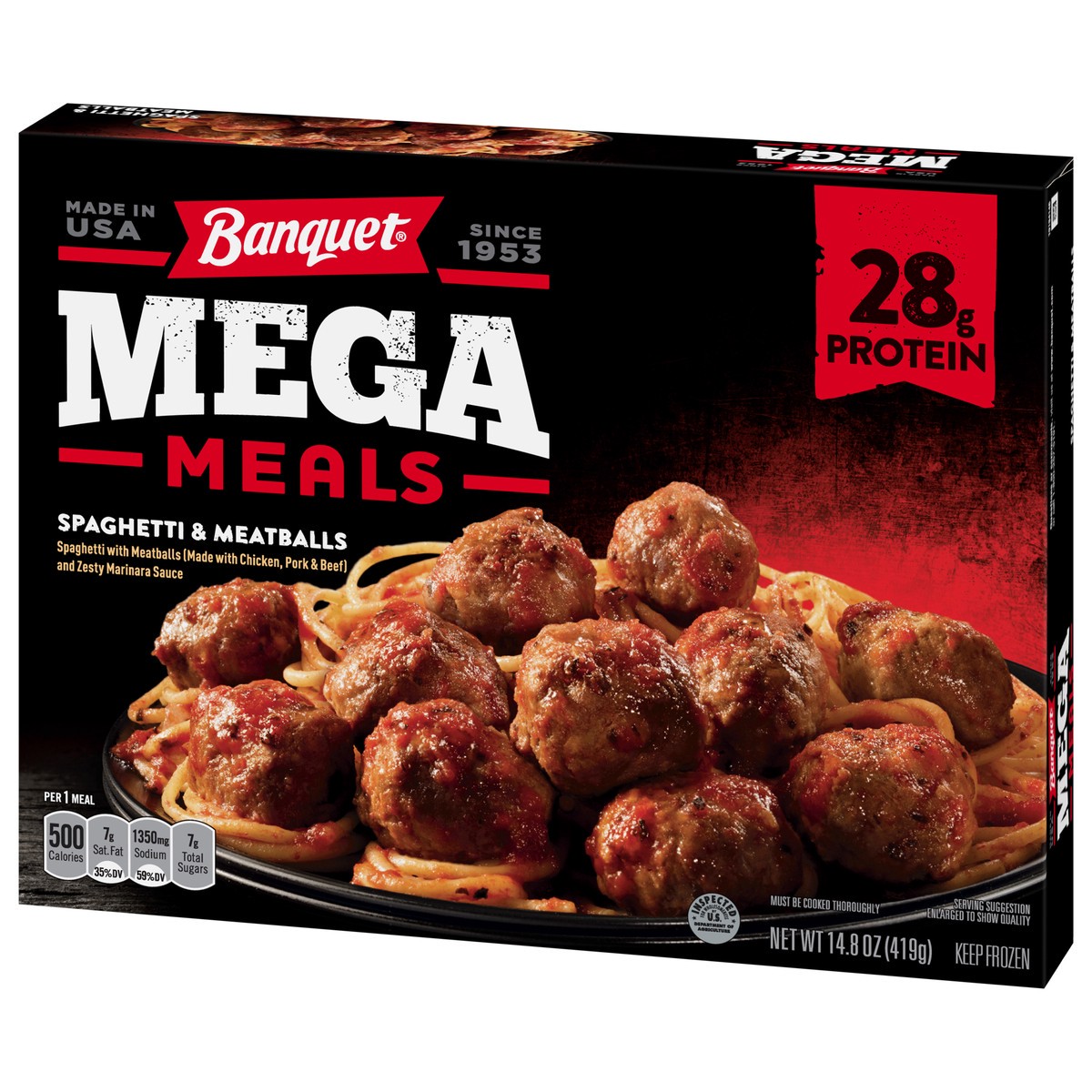 slide 2 of 12, Banquet Mega Meals Spaghetti and Meatballs Frozen Dinner, 14.8 Ounce, 14.8 oz