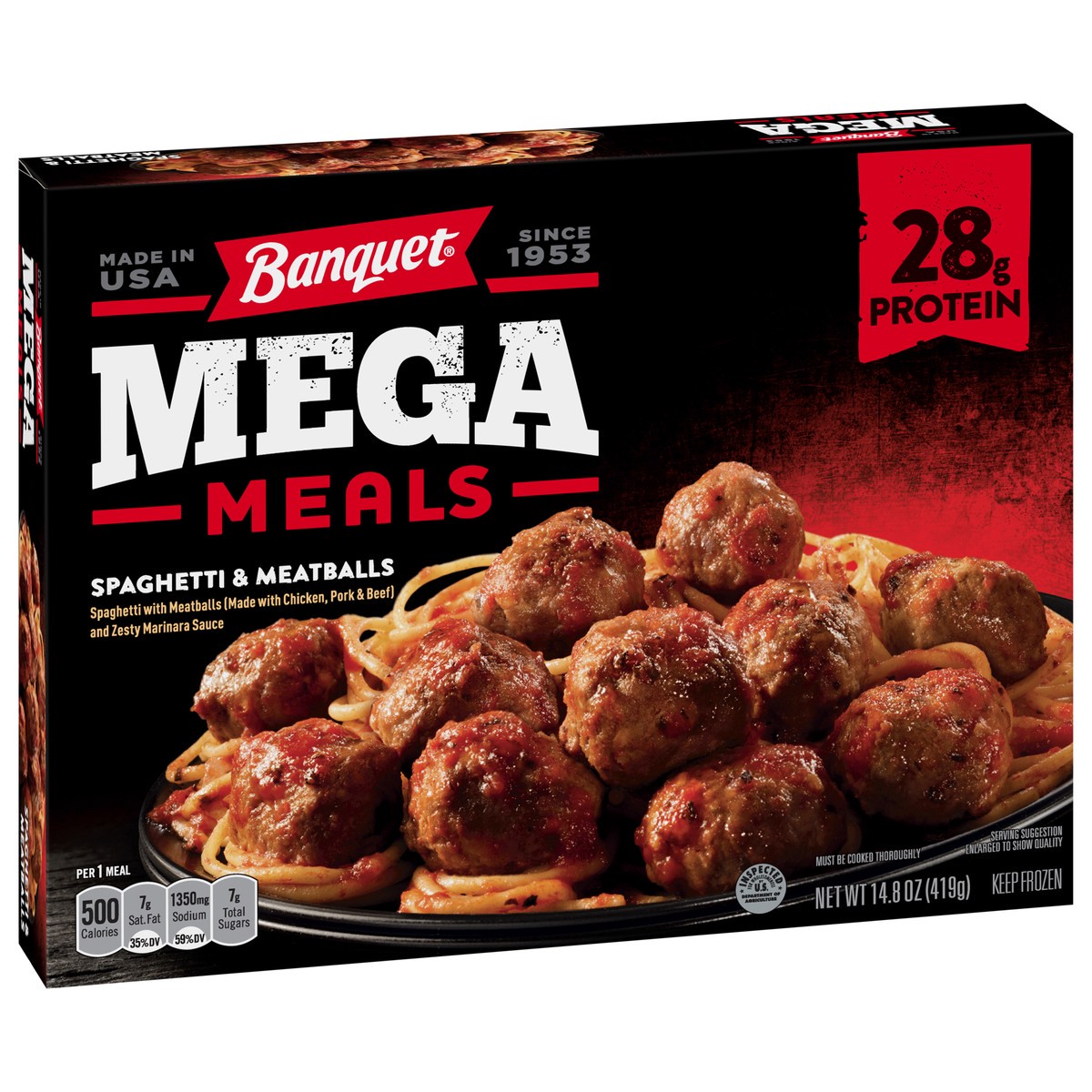 slide 3 of 12, Banquet Mega Meals Spaghetti and Meatballs Frozen Dinner, 14.8 Ounce, 14.8 oz