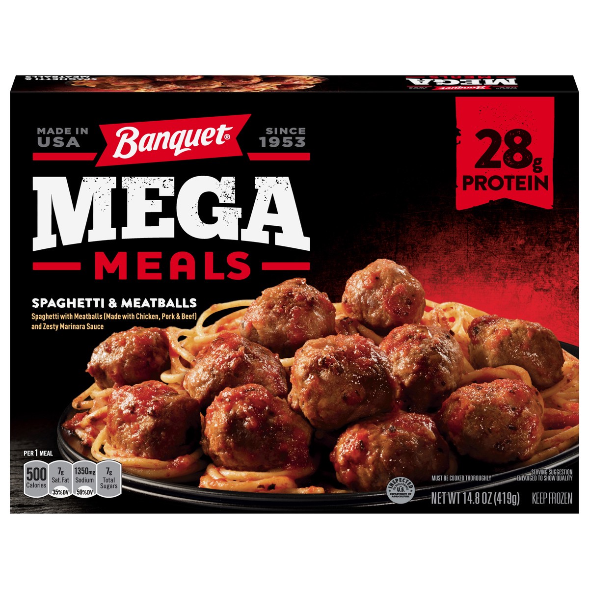 slide 1 of 12, Banquet Mega Meals Spaghetti and Meatballs Frozen Dinner, 14.8 Ounce, 14.8 oz