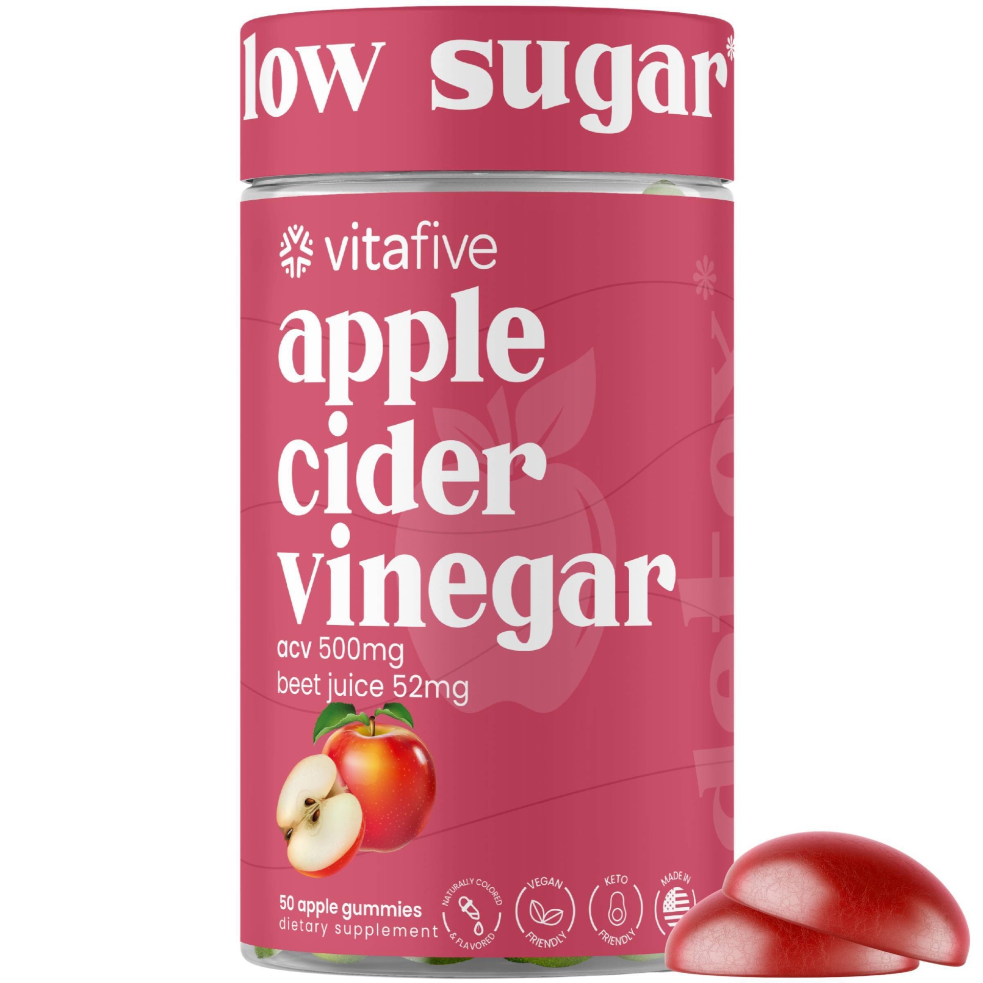 slide 1 of 7, vitafive Low Sugar Apple Cider Vinegar Vegan Gummies - 50ct, 50 ct