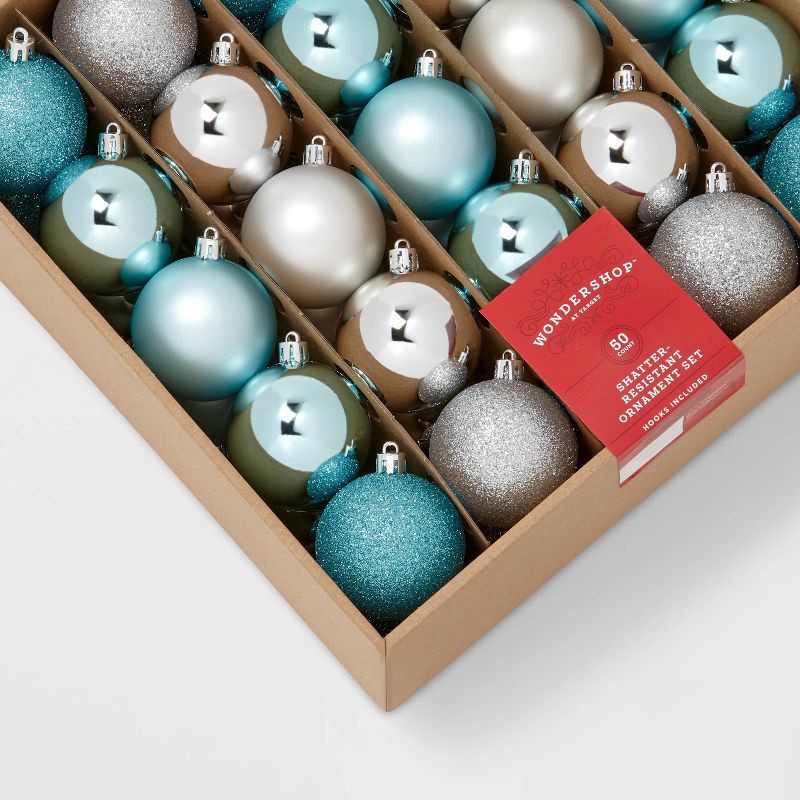 slide 3 of 3, 50ct Shatter-Resistant Round Christmas Tree Ornament Set Light Blue/Silver - Wondershop™, 50 ct