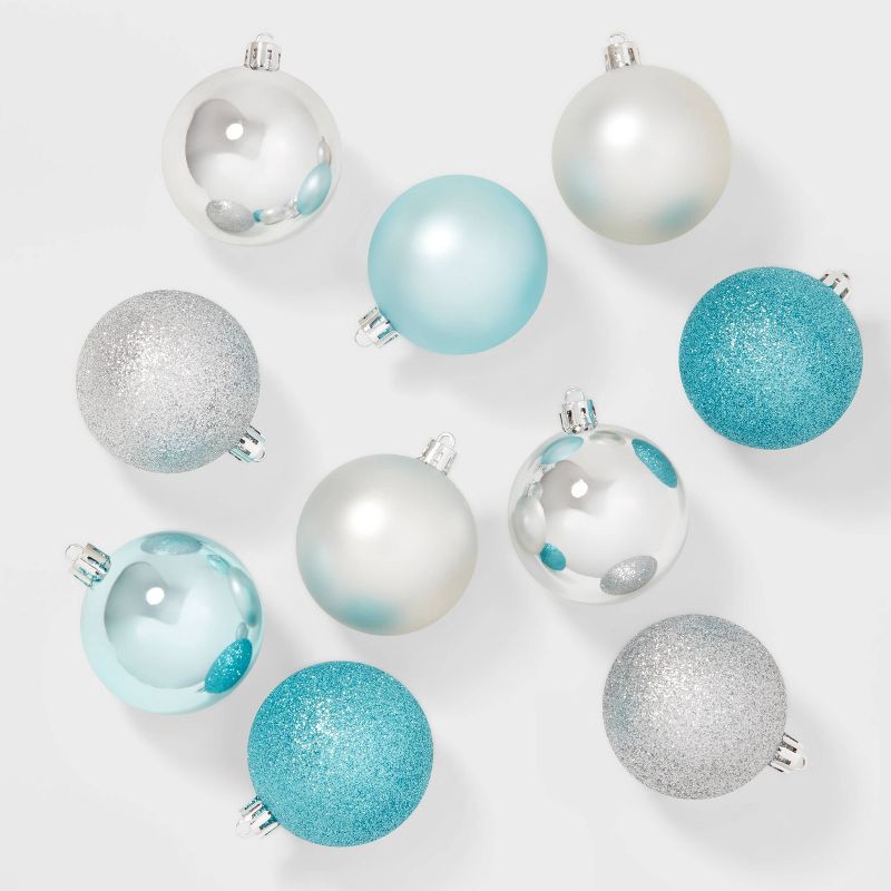 slide 1 of 3, 50ct Shatter-Resistant Round Christmas Tree Ornament Set Light Blue/Silver - Wondershop™, 50 ct