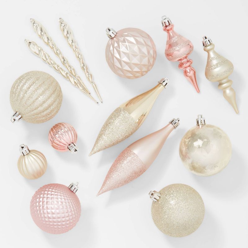 slide 1 of 3, 40ct Plastic Finial Christmas Tree Ornament Set Pink/Champagne - Wondershop™, 40 ct