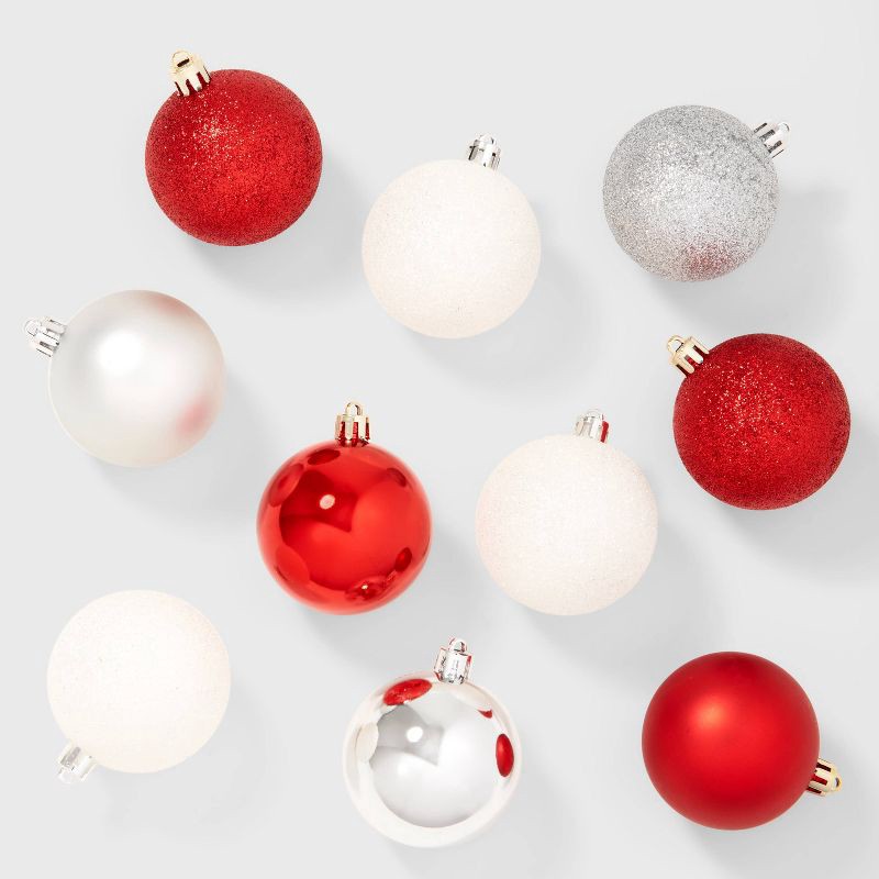 slide 1 of 3, 50ct Shatter-Resistant Round Christmas Tree Ornament Set Red/Silver/White - Wondershop™, 50 ct