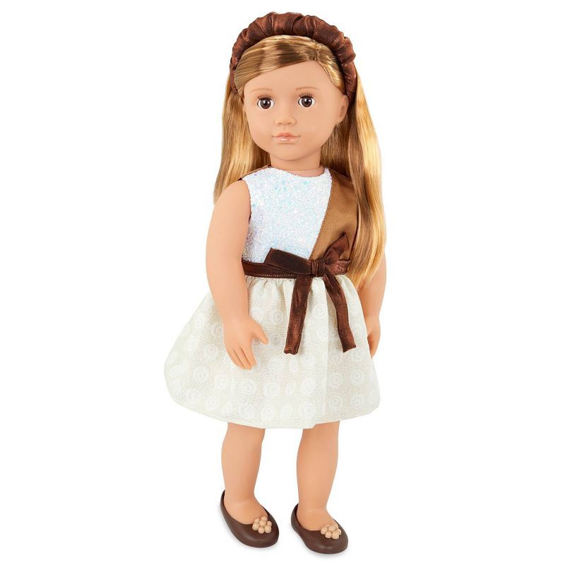 slide 1 of 4, Our Generation Shelby 18" Fashion Doll: Blonde, Brown Eyes, No Articulation, Plastic & Polyester, Food & Beauty Theme, 1 ct