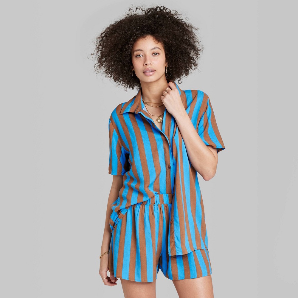 slide 5 of 5, Women's Ascot + Hart Striped Print Woven Short Sleeve Button-Down Graphic Top - M, 1 ct