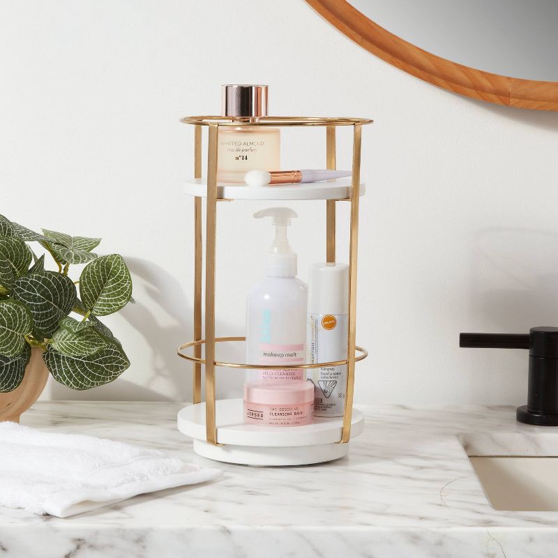 slide 2 of 4, 10" x 5.7" Round Metal Countertop Turntable Brass - Brightroom™: Bathroom Organizer Tray, Iron, Spot Clean, 1 ct