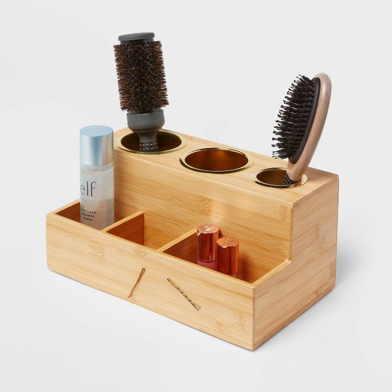 slide 4 of 4, 12"X7"X6" Bamboo Hair Tools Organizer with 5pc Magnets - Brightroom™: Bathroom Tray, Hair Dryer Holder, Organization, 5 ct