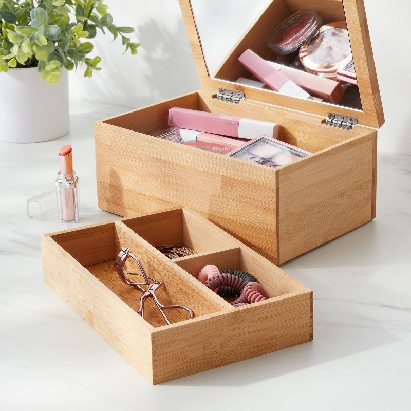 slide 2 of 4, 9" x 6" Rectangular Countertop Organizer with Mirror - Brightroom™: Bamboo Bathroom Tray & Jewelry Storage, 1 ct