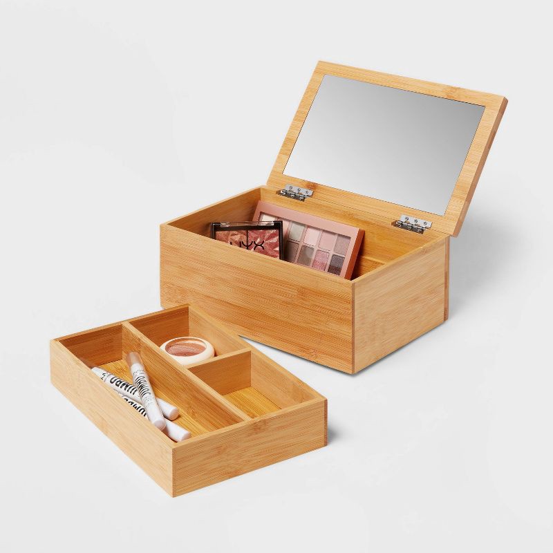 slide 4 of 4, 9" x 6" Rectangular Countertop Organizer with Mirror - Brightroom™: Bamboo Bathroom Tray & Jewelry Storage, 1 ct