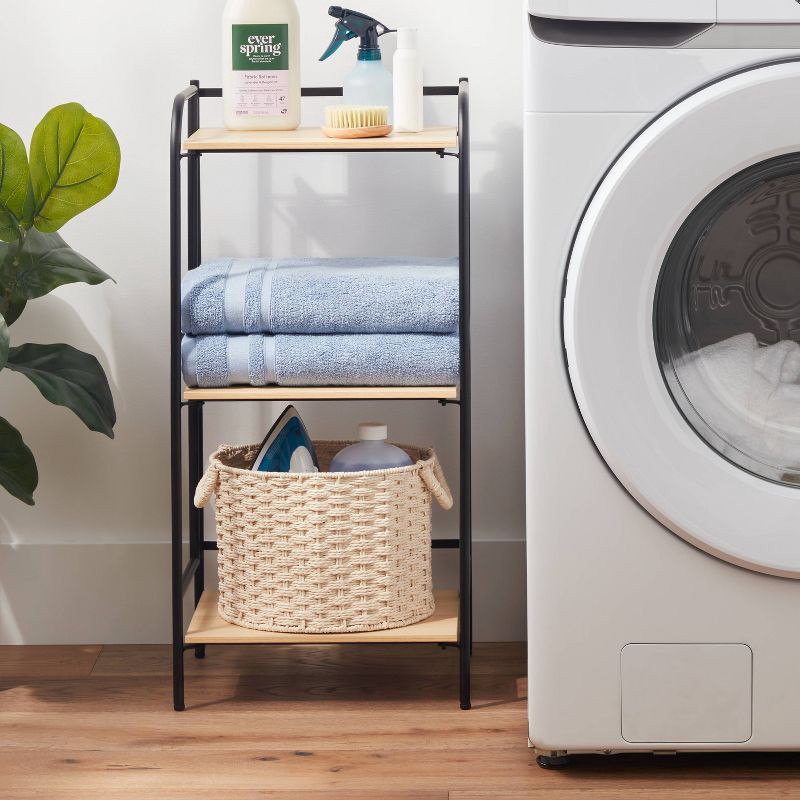 slide 2 of 3, Folding 3 Shelf Narrow Black Metal with Natural Wood Shelves - Brightroom™: Foldable Utility Storage Shelving Unit, 1 ct