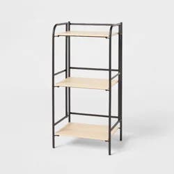Folding 3 Shelf Narrow Black Metal with Natural Wood Shelves - Brightroom™: Foldable Utility Storage Shelving Unit