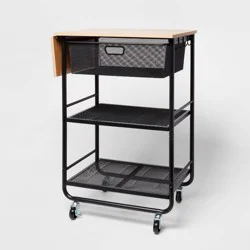 Metal Storage Cart with Mesh Drawer and Wood Top Black - Brightroom™: Rolling Utility Cart with Casters & Storage Drawers