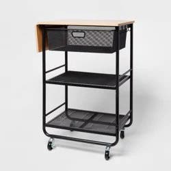 Metal Storage Cart with Mesh Drawer and Wood Top Black - Brightroom™: Rolling Utility Cart with Casters & Storage Drawers