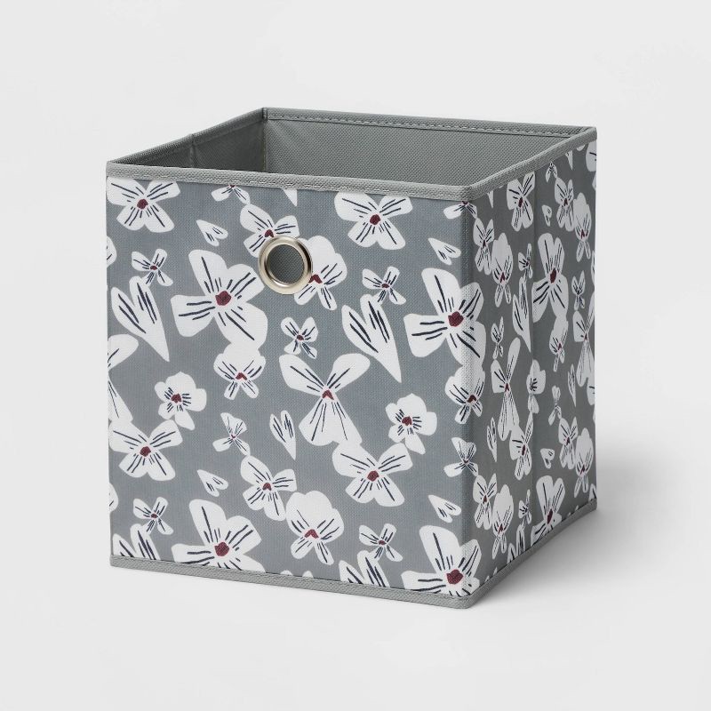 slide 1 of 3, 11" Fabric Cube Storage Bin Gray Floral - Room Essentials™: Multicolored, Collapsible, No Assembly Required, 1 ct