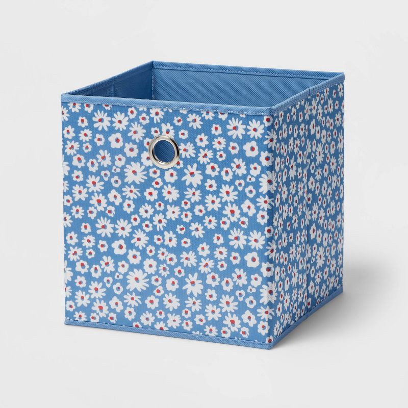 slide 1 of 3, 11" Fabric Cube Storage Bin Blue Floral - Room Essentials™: Multicolor Polyester Organizer, No Assembly Required, 1 ct