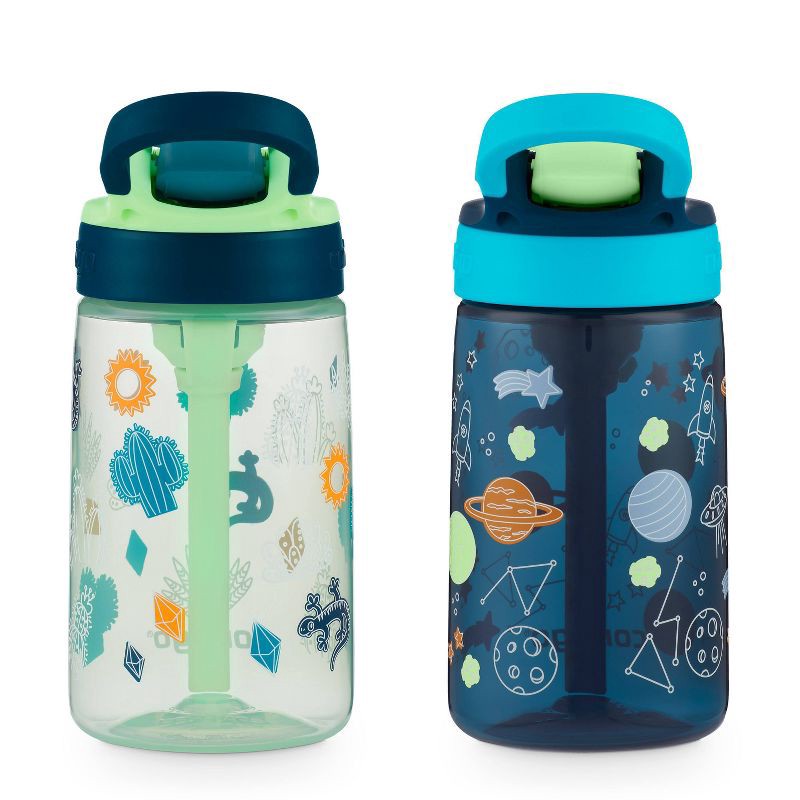slide 2 of 7, Contigo 14oz 2pk Plastic Cleanable Kids' Water Bottles Green/Blue: Leakproof Toddler Straw Cups, Dishwasher-Safe, 2 ct; 14 oz