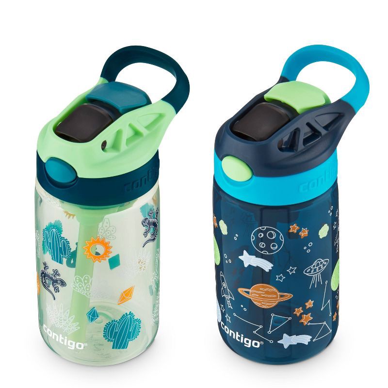 slide 3 of 7, Contigo 14oz 2pk Plastic Cleanable Kids' Water Bottles Green/Blue: Leakproof Toddler Straw Cups, Dishwasher-Safe, 2 ct; 14 oz