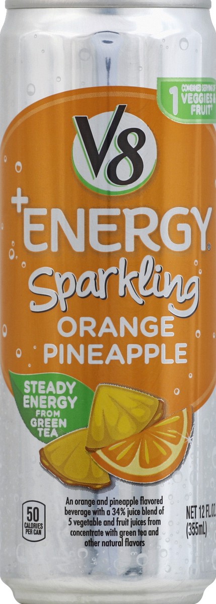 slide 4 of 4, V8 +Energy Lightly Carbonated Orange Pineapple Juice, 12 fl oz