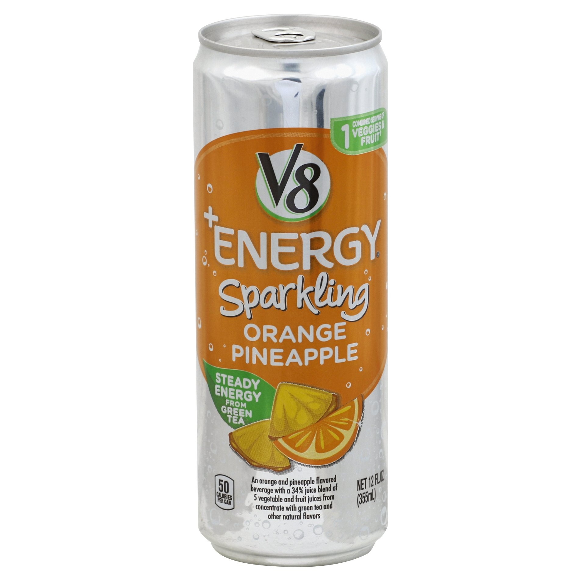 slide 1 of 4, V8 +Energy Lightly Carbonated Orange Pineapple Juice, 12 fl oz