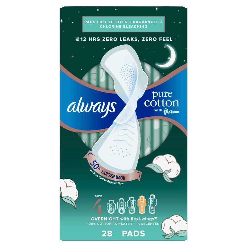 slide 8 of 8, Always Pure Cotton Overnight Pads with Wings - Size 4 - 28ct, 4 x 28 ct