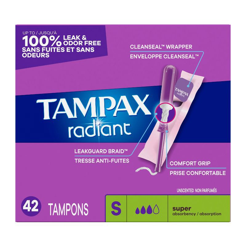 slide 14 of 15, Tampax Radiant Super Absorbency Unscented Tampons - 42ct, 42 ct