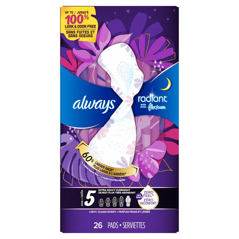 slide 11 of 12, Always Radiant Extra Heavy Absorbency Overnight Sanitary Pads with Wings - Scented - Size 5 - 26ct, 5 x 26 ct