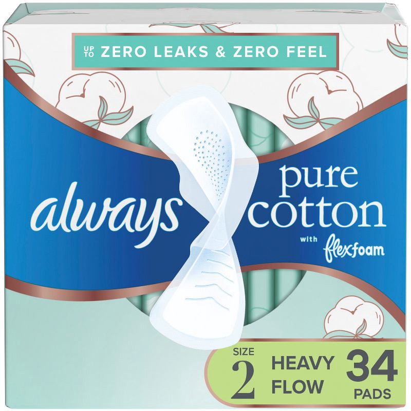slide 1 of 8, Always Pure Cotton Heavy Unscented Maxi Pads - Size 2 - 34ct, 2 x 34 ct