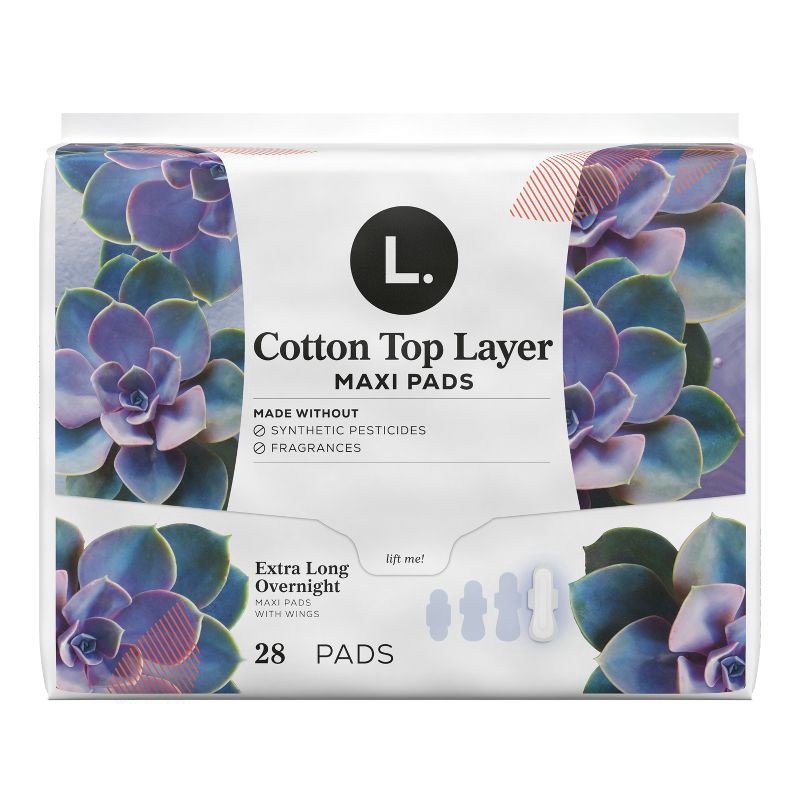 slide 12 of 13, L . L. Organic Cotton Top Layer Maxi Extra Long Pads - Overnight Absorbency - 28ct, 28 ct