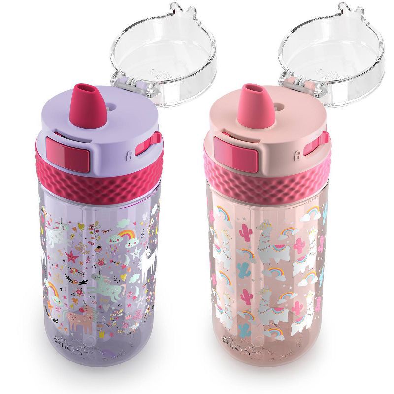 slide 2 of 4, Ello 16oz 2pk Plastic Stratus Kids' Water Bottles Pink/Purple: BPA-Free Toddler Bottle, Flip-Top Lid, Hand Wash, 2 ct; 16 oz