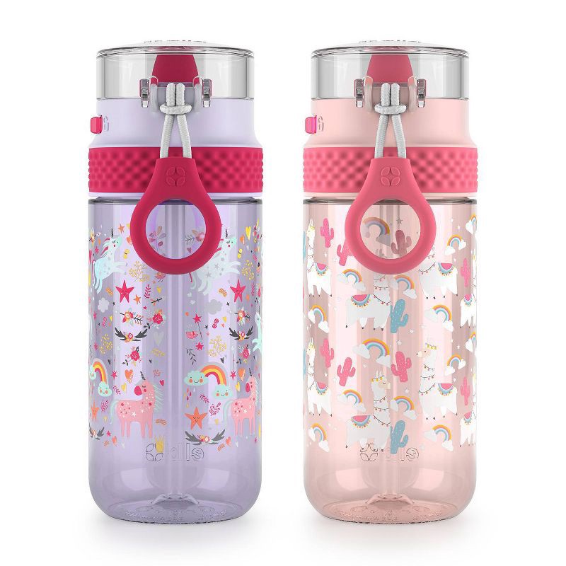 slide 3 of 4, Ello 16oz 2pk Plastic Stratus Kids' Water Bottles Pink/Purple: BPA-Free Toddler Bottle, Flip-Top Lid, Hand Wash, 2 ct; 16 oz