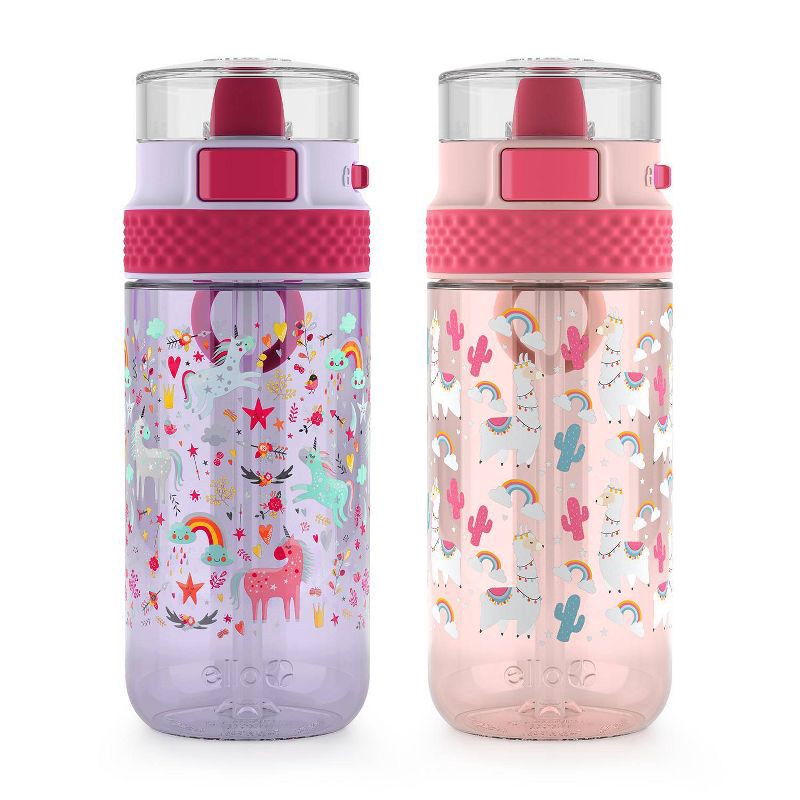 slide 1 of 4, Ello 16oz 2pk Plastic Stratus Kids' Water Bottles Pink/Purple: BPA-Free Toddler Bottle, Flip-Top Lid, Hand Wash, 2 ct; 16 oz