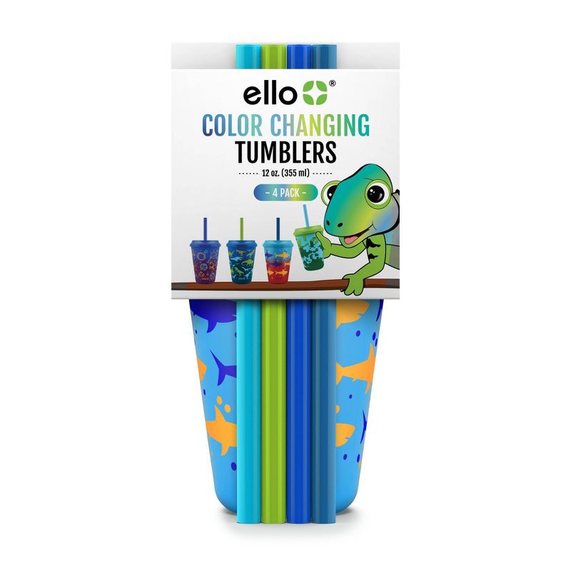 slide 1 of 7, Ello 12oz 4pk Plastic Chameleon Color Changing Cups with Twist on Lids Blue: Kids Cups with Lids, Portable Drinkware, 4 ct; 12 oz