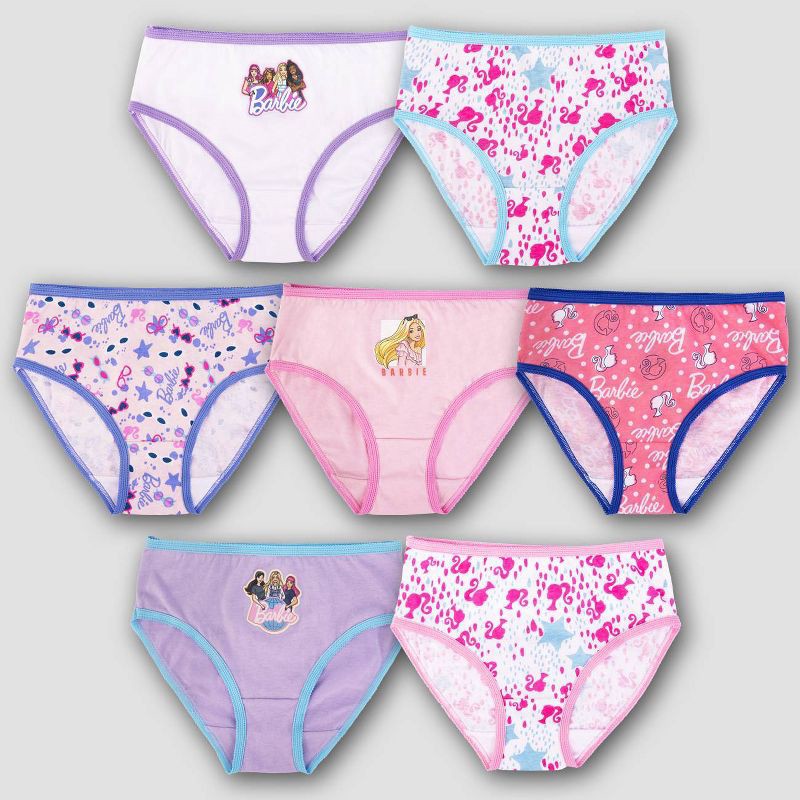 slide 1 of 3, Girls' Barbie 7pk Underwear - 6: Cotton Briefs with Classic Patterns, 7 ct