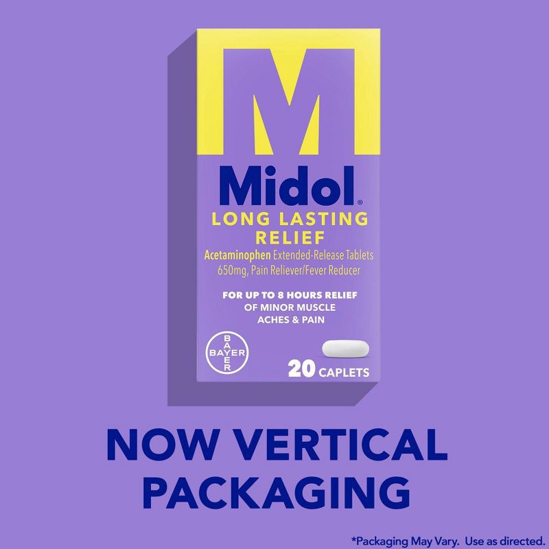 slide 12 of 12, Midol Menstrual Relief Long Lasting Pain Reliever Caplets with Acetaminophen for Menstrual Period Pain Symptoms - 20ct, 20 ct